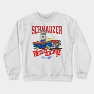 Humor funny cute schnauzer dog driving a classic retro vintage car with red white and blue flags Crewneck Sweatshirt